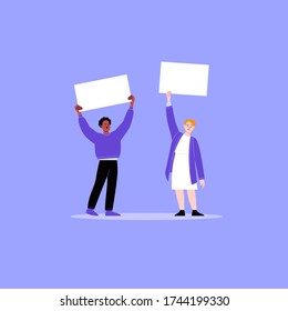Two activists protesting with blank cardboards. A man and a woman on a working strike holding posters. Flat vector illustration