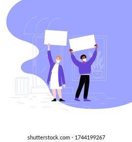 Two activists wearing face masks protesting with blank cardboards. A man and a woman standing on the street holding posters. Pandemic protest concept. Flat vector illustration