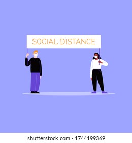 Two activists wearing face masks protesting with a blank cardboard. A man and a woman on a working strike holding protest banner. Pandemic protest concept. Flat vector illustration
