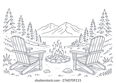 Two adirondack chairs by a campfire with mountains and trees near a lake nature outdoors