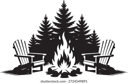Two adirondack chairs face a campfire surrounded by trees in a serene forest scene, evoking a sense of peaceful relaxation and calmness in a natural woodland environment.