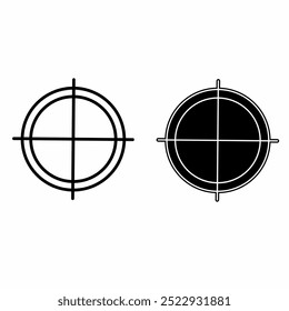 two adjacent circle symbols with crosshairs. The left circle is unfilled, and the right circle is filled in black with a border, all on a black background