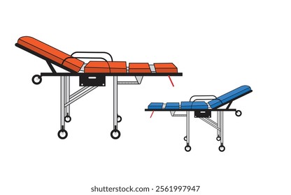 Two adjustable medical stretcher beds with orange and blue padding, featuring metal frames and wheels, ideal for emergency, healthcare, and clinical settings.