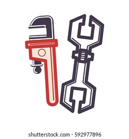 Two adjustable wrenches in cartoon style flat isolated on white. Vector illustration of monkey wrench, pipe wrench, plumber repair instrument. Figure of trend modern logo graphic design web banner.