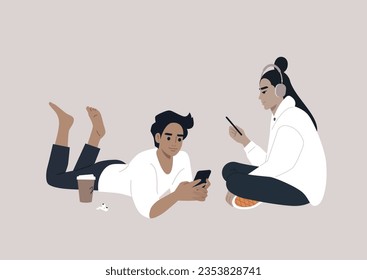 Two adolescents engrossed in their electronic devices, their interaction transitioning from the physical world to the virtual realm of online social media