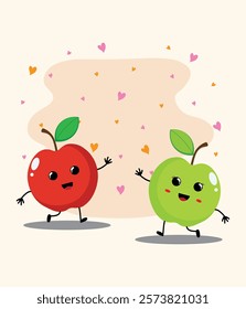 Two adorable apple characters, each with a cheerful expression, are joyfully dancing amidst a flurry of hearts