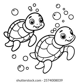 Two adorable baby turtles in a kawaii-style black-and-white illustration, swimming underwater with big, expressive eyes and happy smiles, surrounded by bubbles. Perfect for kids' coloring books and pl