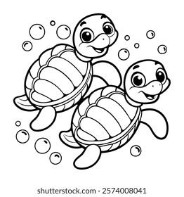 Two adorable baby turtles in a kawaii-style black-and-white illustration, swimming underwater with big, expressive eyes and happy smiles, surrounded by bubbles. Perfect for kids' coloring books and pl