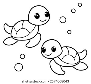 Two adorable baby turtles in a kawaii-style black-and-white illustration, swimming underwater with big, expressive eyes and happy smiles, surrounded by bubbles. Perfect for kids' coloring books and pl