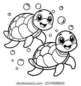 Two adorable baby turtles in a kawaii-style black-and-white illustration, swimming underwater with big, expressive eyes and happy smiles, surrounded by bubbles. Perfect for kids' coloring books and pl