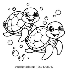 Two adorable baby turtles in a kawaii-style black-and-white illustration, swimming underwater with big, expressive eyes and happy smiles, surrounded by bubbles. Perfect for kids' coloring books and pl