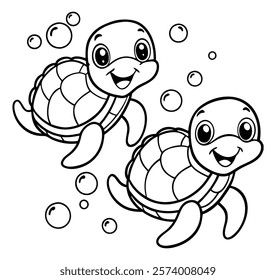 Two adorable baby turtles in a kawaii-style black-and-white illustration, swimming underwater with big, expressive eyes and happy smiles, surrounded by bubbles. Perfect for kids' coloring books and pl