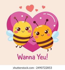 Two adorable bees with rosy cheeks and happy expressions hold a large pink heart between them. Above the bees, a small heart floats, emphasizing the loving theme.