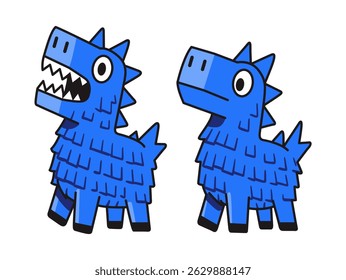 Two adorable blue dinosaur pinatas, one roaring and flat face