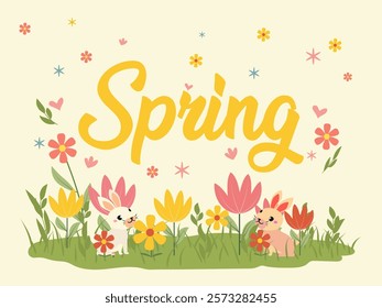 Two adorable bunnies nestled amongst vibrant spring flowers, with the word "Spring" in a cheerful hand-drawn script, creating a delightful springtime scene. 