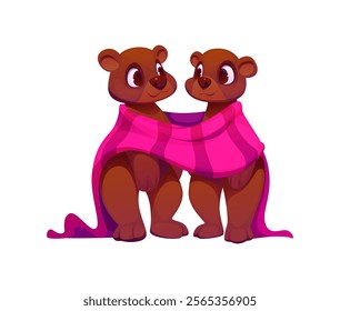 Two adorable cartoon bear characters wrapped in a shared pink blanket symbolize love, warmth, friendship and care, connection and togetherness, Valentine day, family or heartwarming relationship