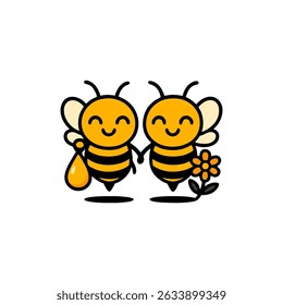 Two adorable cartoon bees are depicted holding hands in a delightful friendship scene, one carrying a honey drop and the other next to a flower. This charming vector illustration is perfect for design