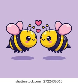Two adorable cartoon bees with pink wings and hearts floating between them, set against a soft purple background.