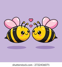 Zwei bezaubernde Cartoon-Bienen mit rosafarbenen Flügeln und Herzen, die zwischen ihnen schwebten und Liebe und Zuneigung symbolisierten.