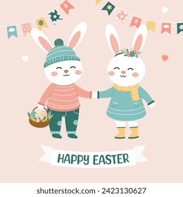 Two Adorable Cartoon Bunnies Celebrating Easter With Decorations And A Basket