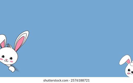 Two adorable cartoon bunnies peek out from the corners of a plain blue background, creating a sweet and playful composition perfect for a cheerful design,