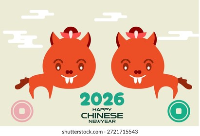 Two adorable cartoon characters are shown smiling together next to lucky coins and 2026 branding The playful illustration style adds a friendly and lighthearted touch to the lunar holiday theme