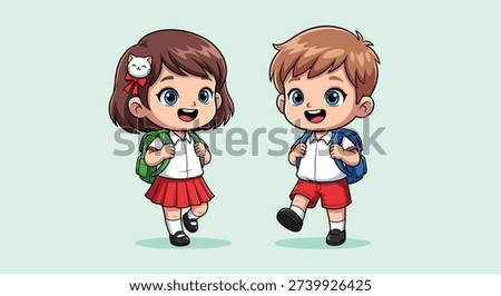 Two adorable cartoon children, a boy and a girl, wearing school uniforms and carrying backpacks, ready for school.