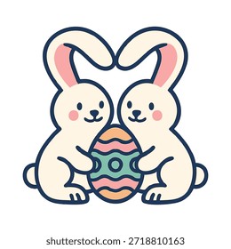 Dos adorables conejitos de Pascua de dibujos animados con sus orejas formando una forma de corazón, sosteniendo un huevo decorado de colores.