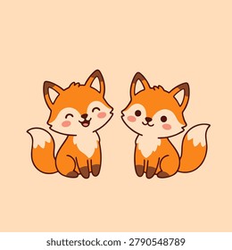 Two adorable cartoon foxes sitting side by side, smiling with their eyes closed and tails curved