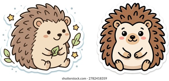 Two adorable cartoon hedgehogs, one holding a leaf and surrounded by stars and greenery, the other sitting with paws together, cute kawaii style on a white background, keywords: hedgehog, cute