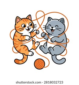 Two adorable cartoon kittens, one orange tabby and one grey, joyfully playing with a ball of orange yarn, getting playfully tangled.