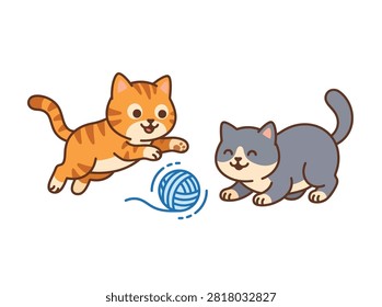 Two adorable cartoon kittens, one orange tabby and one grey, playfully interacting with a ball of blue yarn. Isolated on a white background.
