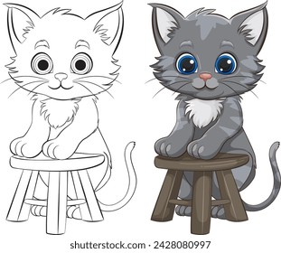 Two adorable cartoon kittens sitting on wooden stools.