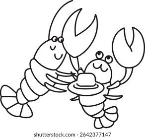 Two adorable cartoon lobsters, one larger than the other, are depicted in a playful embrace.  The illustration is in black and white, showcasing a simple yet charming design.
