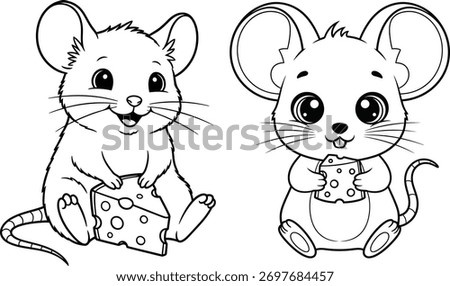Two adorable cartoon mice, one holding cheese and the other sitting with cheese, rendered in a charming black and white line art style.