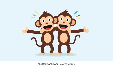 Two adorable cartoon monkeys with open arms, smiling broadly and embracing, conveying a feeling of joy and close friendship.
