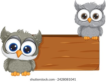 Dos adorables búhos de dibujos animados posados en un cartel.
