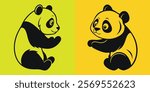 Two adorable cartoon panda bear silhouettes are presented against vibrant yellow backgrounds.