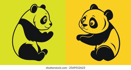 Two adorable cartoon panda bear silhouettes are presented against vibrant yellow backgrounds.