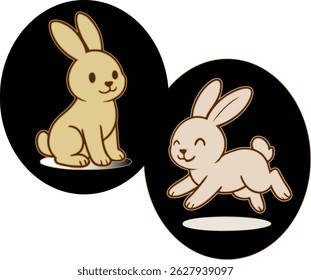 Two Adorable Cartoon Rabbits in Circular Frames