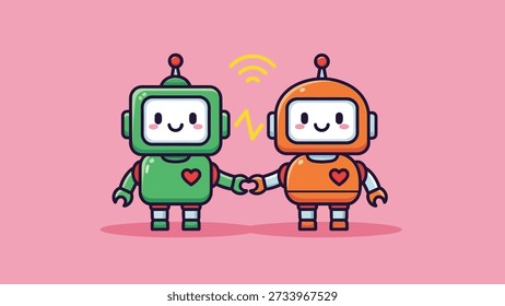 Dos adorables robots de dibujos animados, uno verde y otro naranja, tomados de la mano con un símbolo wifi encima de ellos, simbolizando la conexión y la amistad.