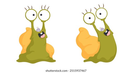 Two adorable cartoon snails with large, expressive eyes and cheerful expressions, perfect for children's illustrations and animations. Cute cartoon snail with big eyes