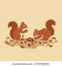 Two adorable cartoon squirrels in a forest setting collecting nuts and acorns for winter, surrounded by fallen leaves and mushrooms.