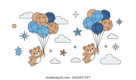 Two adorable cartoon teddy bears flying high in the sky with colorful balloons among the clouds and stars a whimsical illustration perfect for a nursery or children's room decor