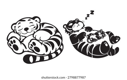 Two adorable cartoon tigers sleeping peacefully in a black and white illustration