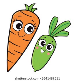 Two adorable cartoon vegetables feature a bright orange carrot with black stripes alongside a vibrant green radish with blushing cheeks, both joyfully smiling on a white background.