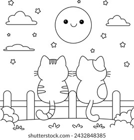 The two adorable cats are gazing at the moon and the starry sky coloring page