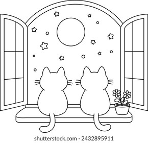 The two adorable cats are gazing at the moon and the starry sky coloring page