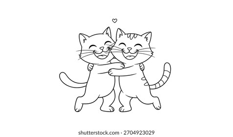 Two adorable cats are hugging each other tightly with happy expressions and a small heart above them in a sweet coloring page.