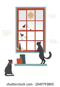 Dos gatos adorables miran por la ventana a los pájaros. Bonita escena de invierno para la tarjeta de Navidad. Vector